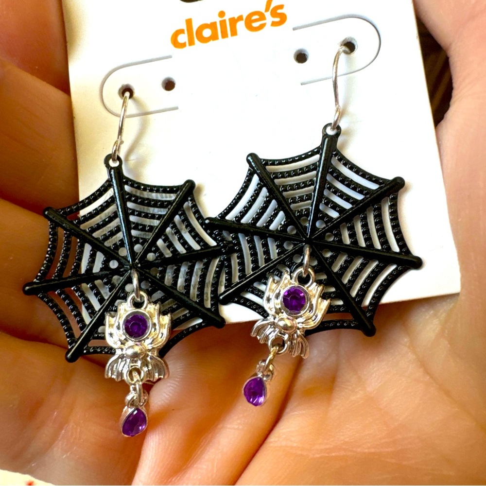 Claire's Black and Silver Web Earrings with Purple Accents